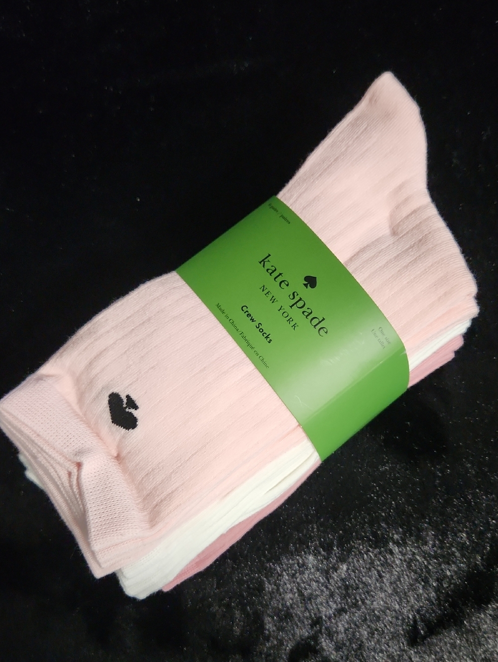Kate Spade Pink & White Crew Socks 3-Pack with Black Spade Accent NIP